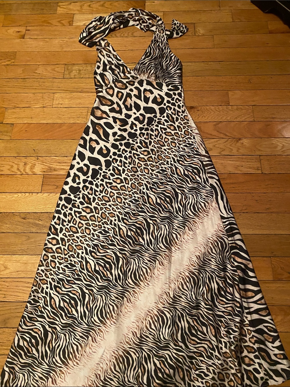 Avec Les Filles Animal Print Halter Maxi Dress - Beige, Black, Tan